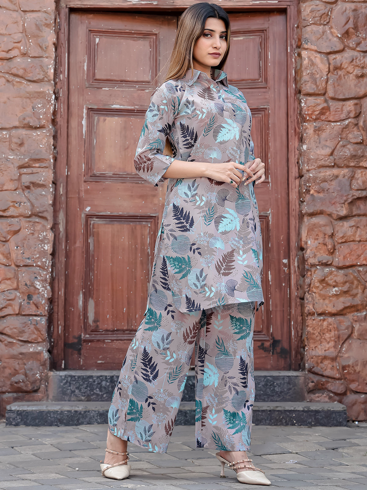 Odette Grey Cotton Printed Stitched Co Ord Set for Women