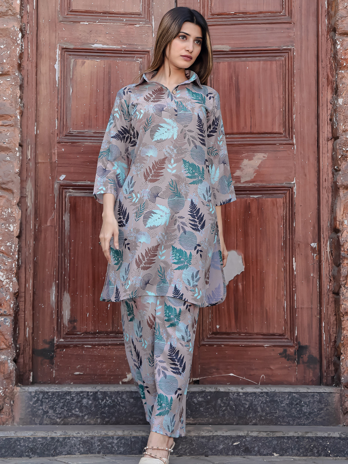 Odette Grey Cotton Printed Stitched Co Ord Set for Women