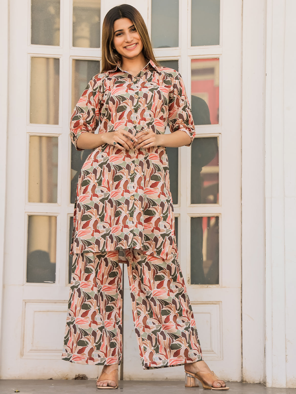 Odette Peach Cotton Printed Stitched Co Ord Set for Women