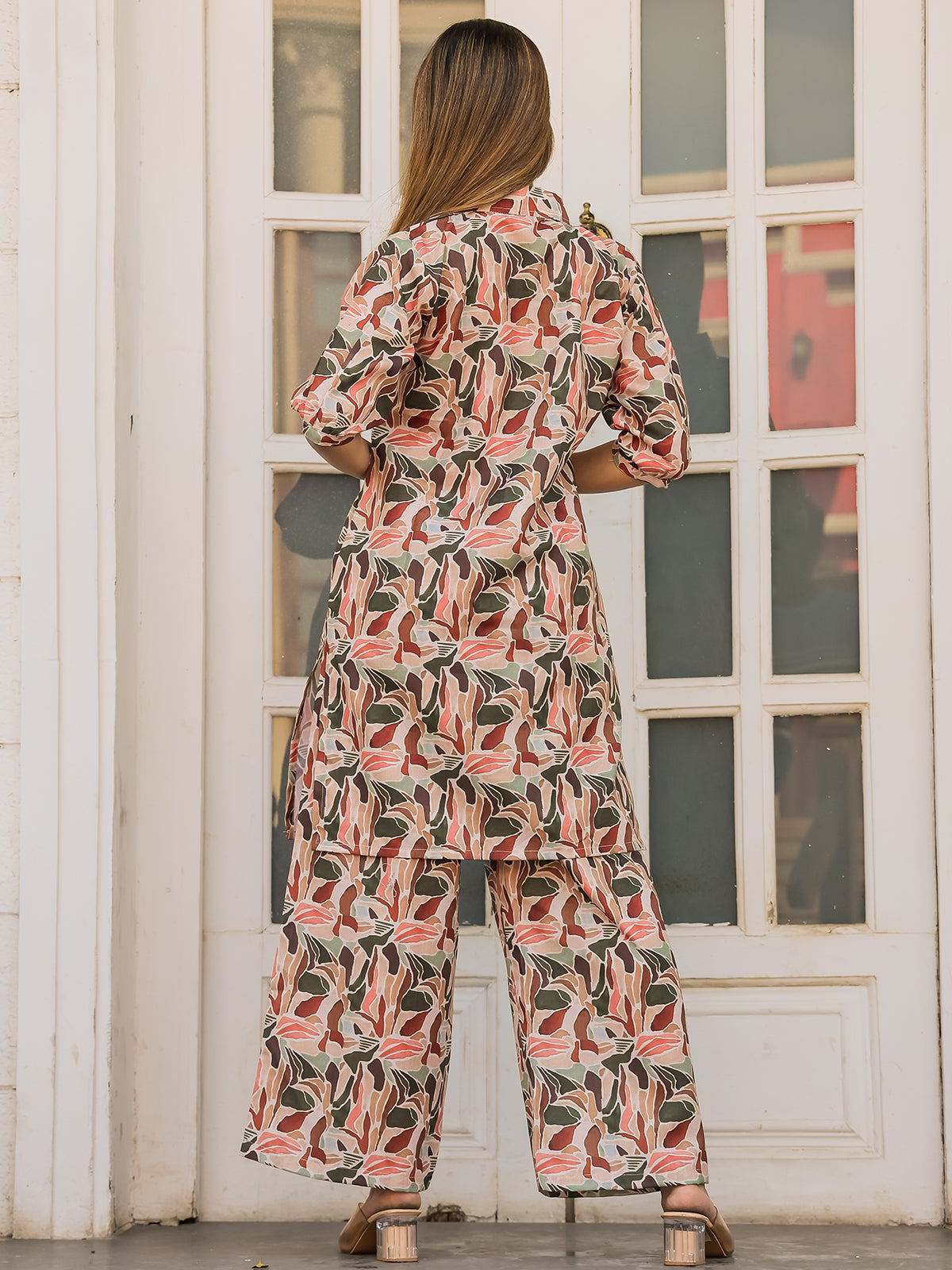 Odette Peach Cotton Printed Stitched Co Ord Set for Women