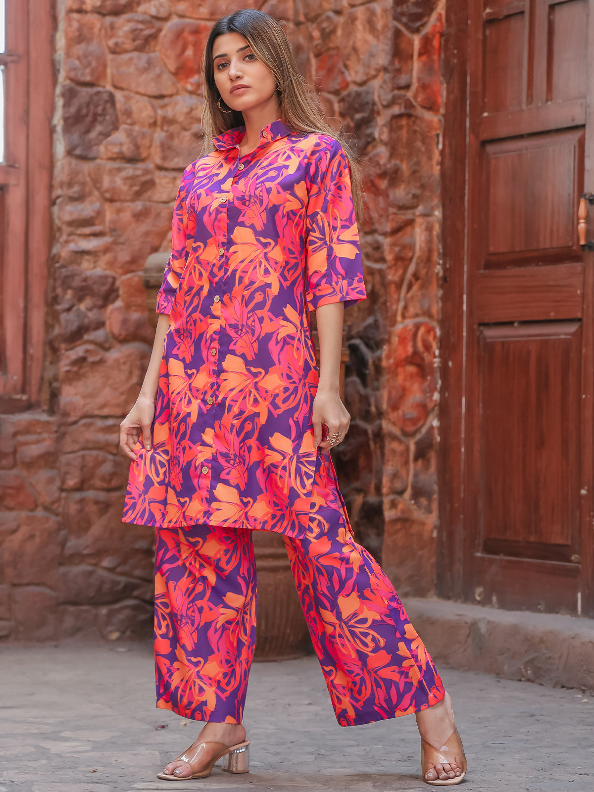 Odette Purple and Pink Cotton Printed Stitched Co Ord Set for Women