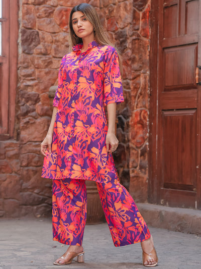 Odette Purple and Pink Cotton Printed Stitched Co Ord Set for Women