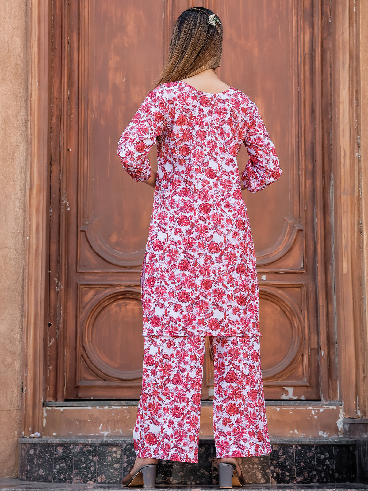 Odette Red Cotton Printed Stitched Co Ord Set for Women