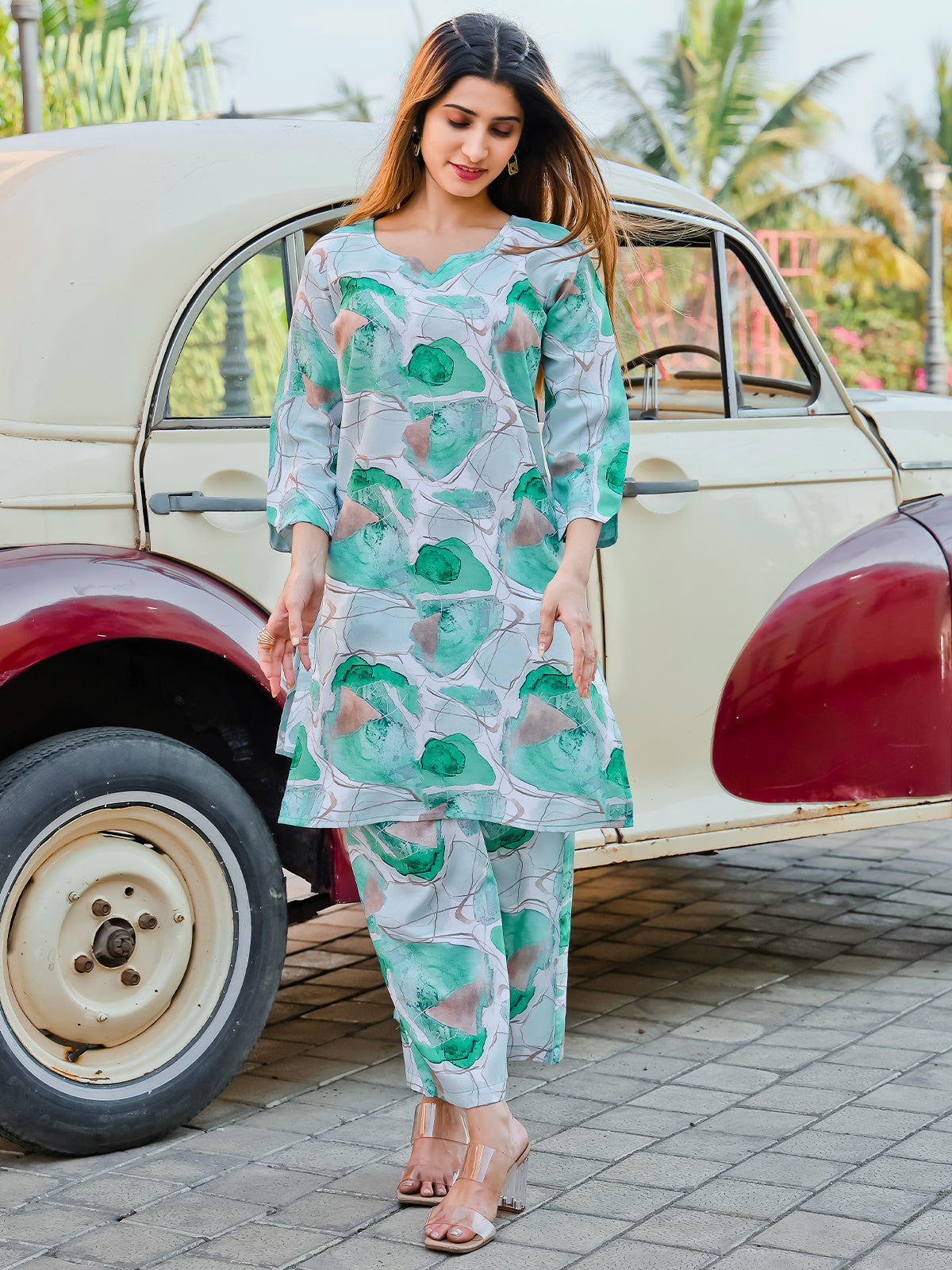 Odette Green and Blue Cotton Printed Stitched Co Ord Set for Women