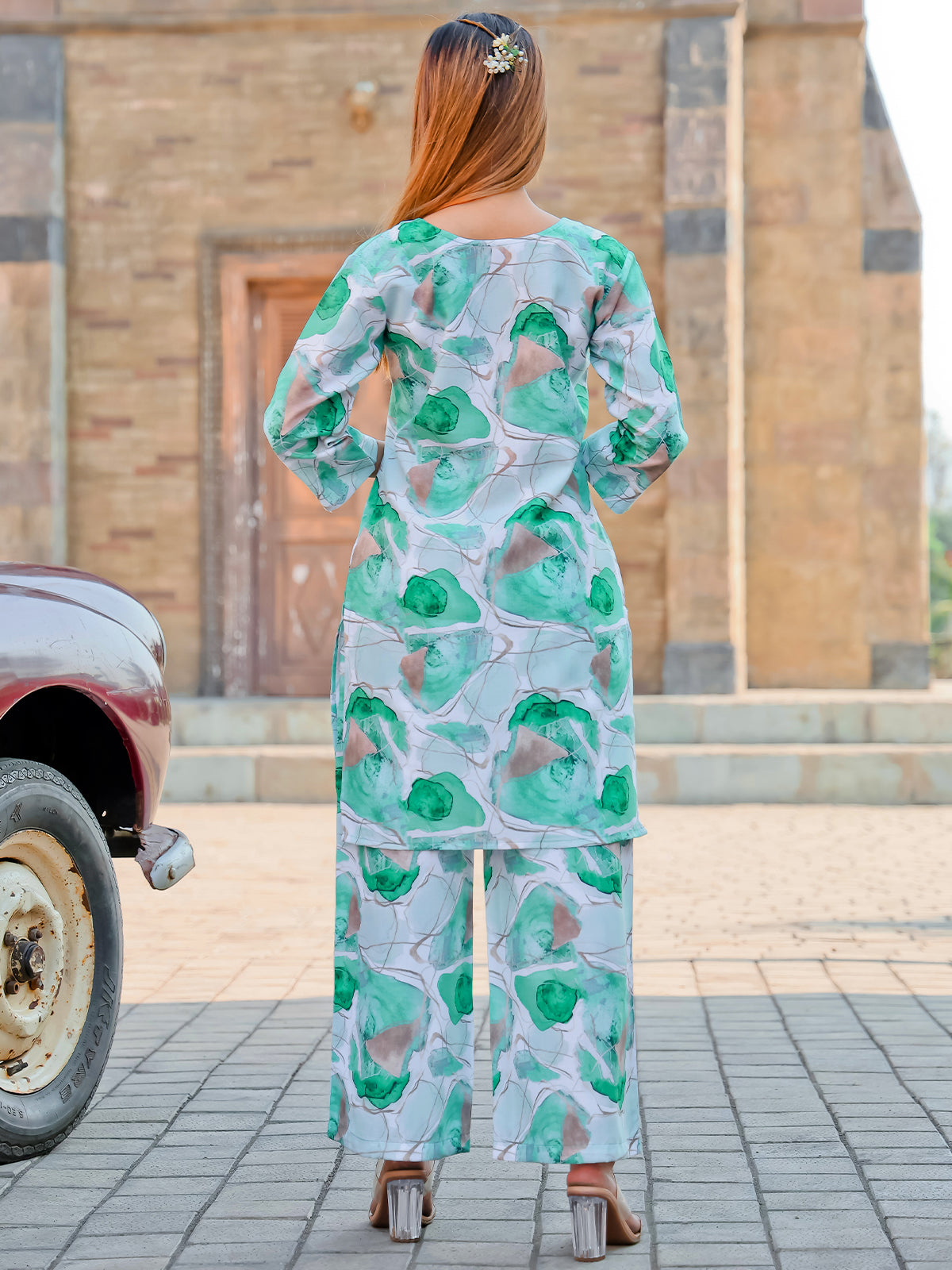 Odette Green and Blue Cotton Printed Stitched Co Ord Set for Women