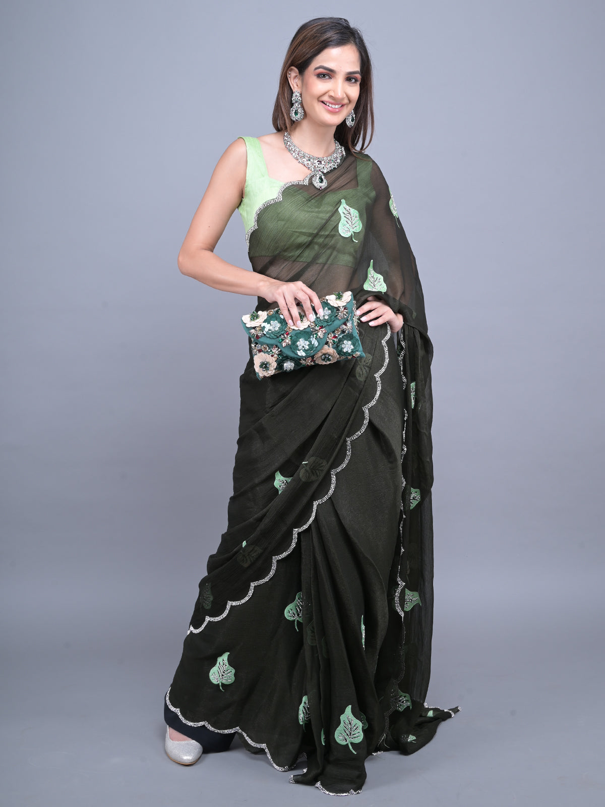 Odette Dark Green Embroidered Chiffon Silk Saree with Unstitched Blouse for Women