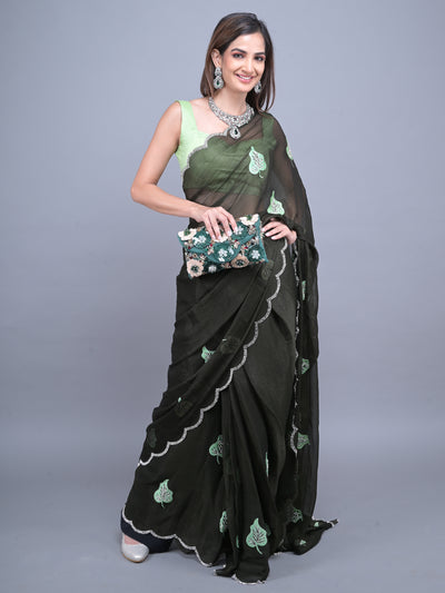 Odette Dark Green Embroidered Chiffon Silk Saree with Unstitched Blouse for Women