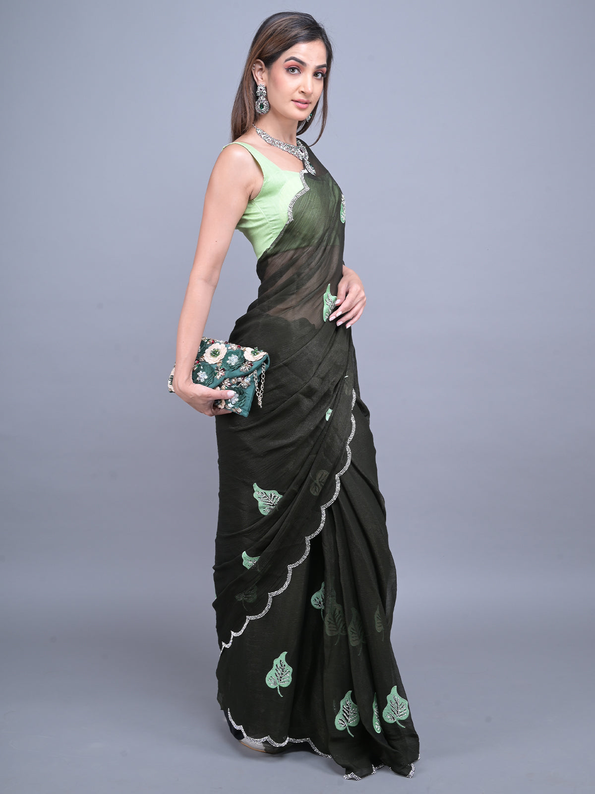 Odette Dark Green Embroidered Chiffon Silk Saree with Unstitched Blouse for Women