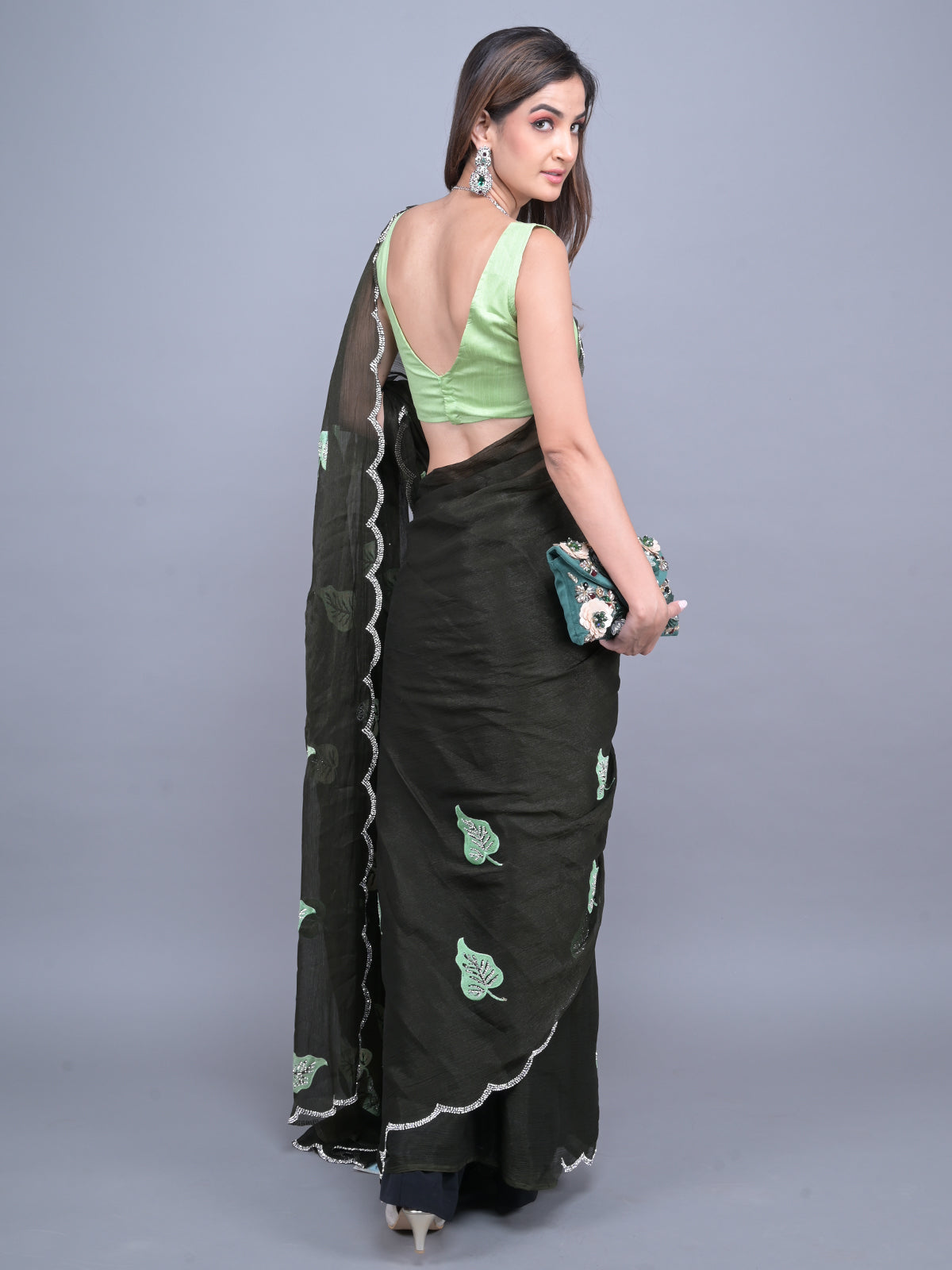 Odette Dark Green Embroidered Chiffon Silk Saree with Unstitched Blouse for Women