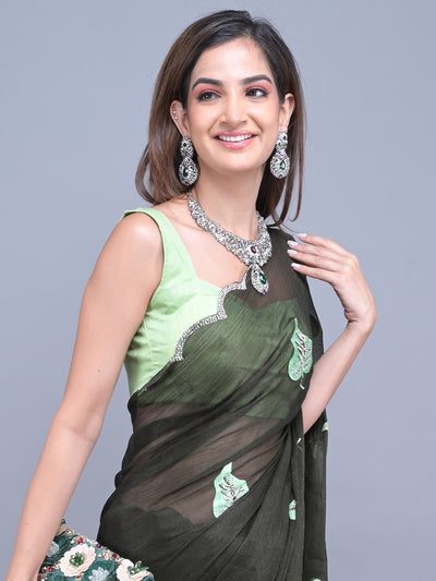 Odette Dark Green Embroidered Chiffon Silk Saree with Unstitched Blouse for Women