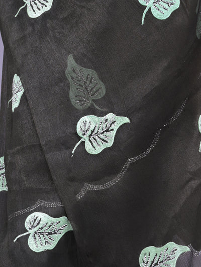 Odette Dark Green Embroidered Chiffon Silk Saree with Unstitched Blouse for Women