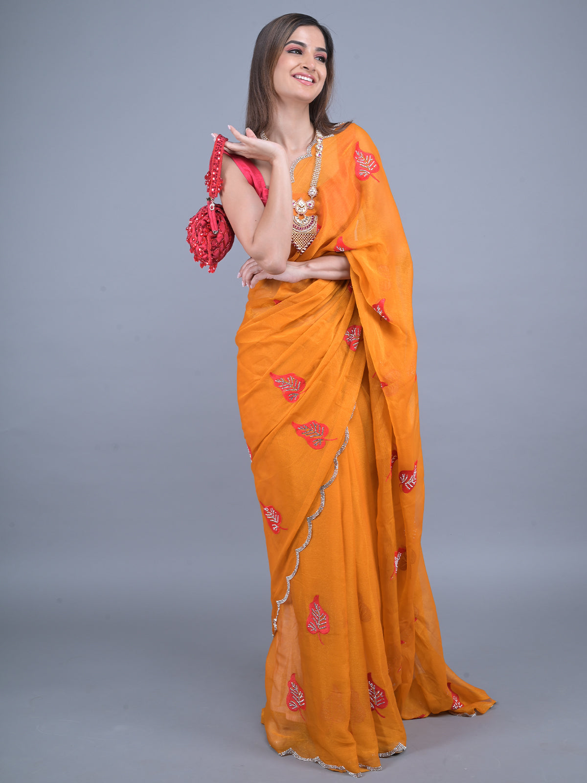 Odette Mustard Embroidered Chiffon Silk Saree with Unstitched Blouse for Women