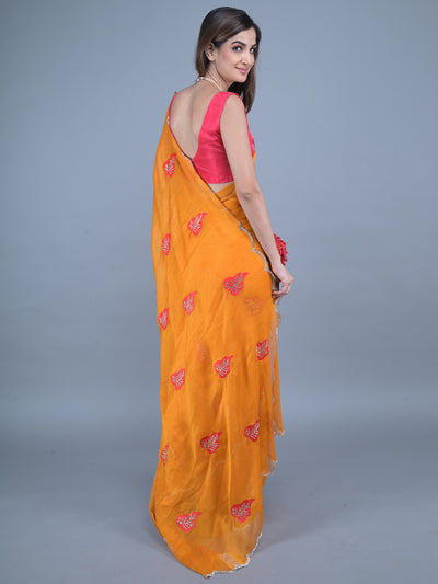Odette Mustard Embroidered Chiffon Silk Saree with Unstitched Blouse for Women