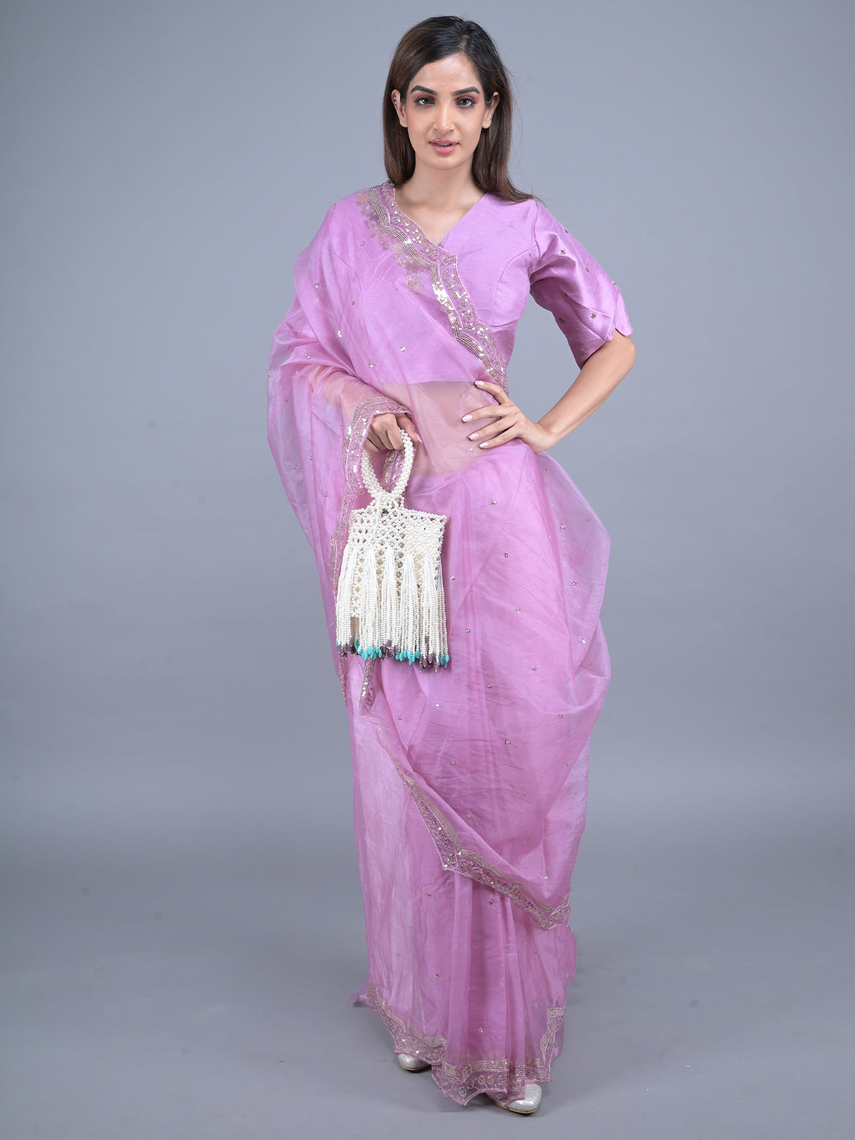 Odette Lilac Embroidered Organza Saree with Unstitched Blouse for Women