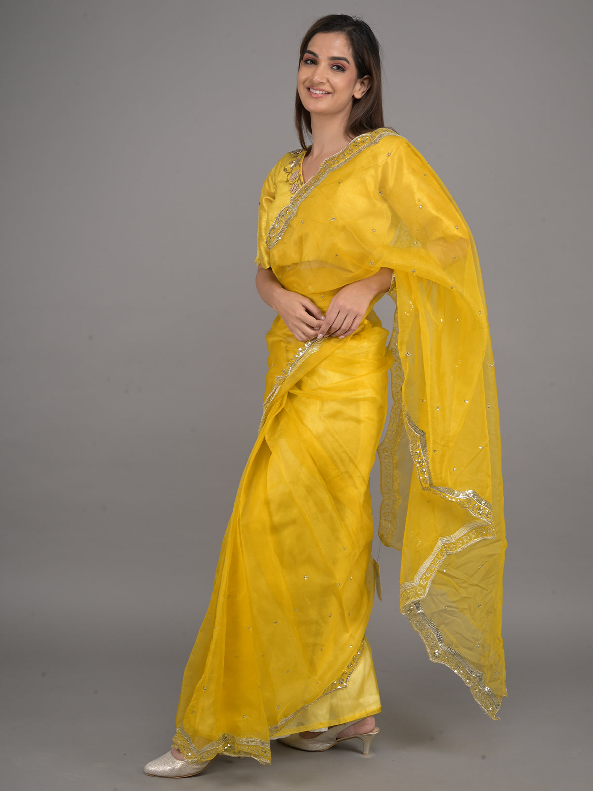Odette Yellow Embroidered Organza Saree with Unstitched Blouse for Women