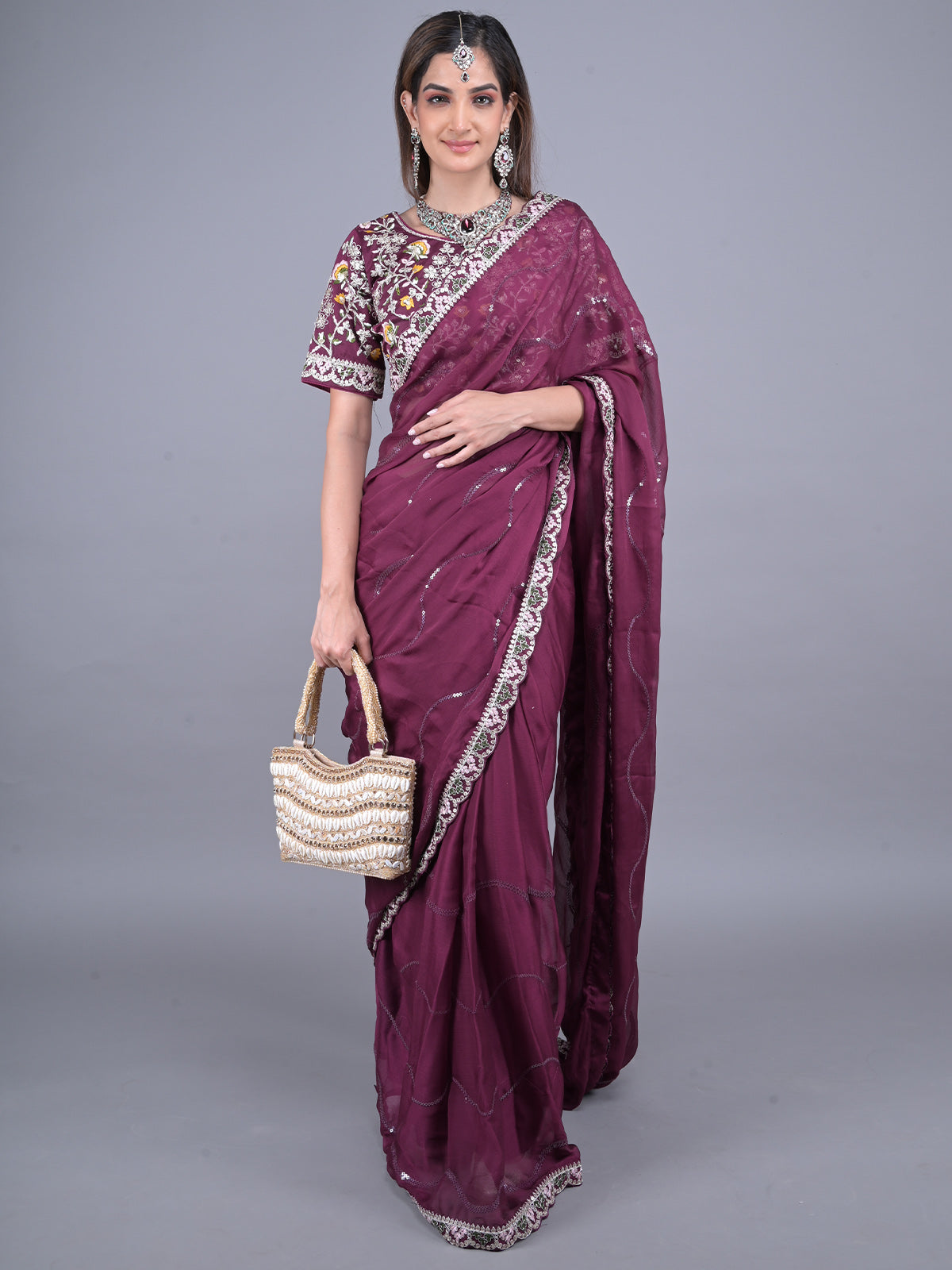 Odette Purple Embroidered Satin Rangoli Saree with Unstitched Blouse for Women