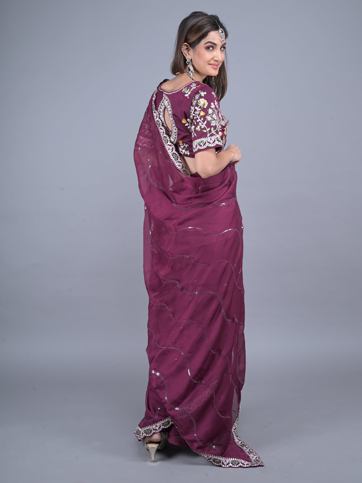 Odette Purple Embroidered Satin Rangoli Saree with Unstitched Blouse for Women
