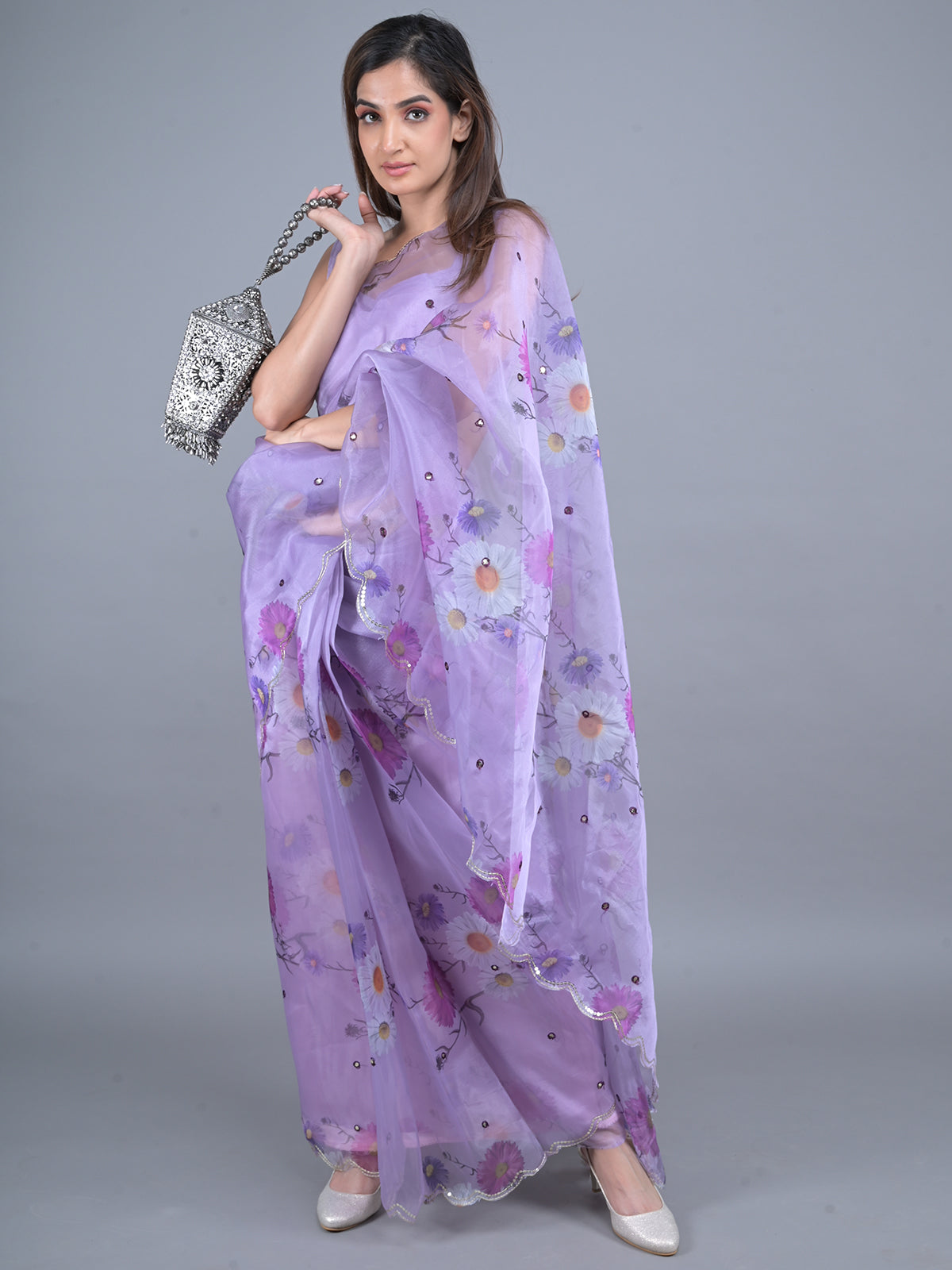 Odette Lavender Floral Printed Embroidered Organza Saree with Unstitched Blouse for Women