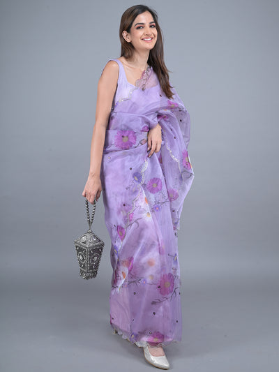 Odette Lavender Floral Printed Embroidered Organza Saree with Unstitched Blouse for Women
