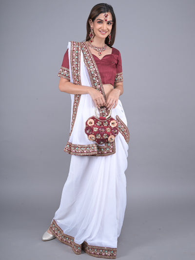 Odette White Embroidered Georgette Saree with Unstitched Blouse for Women