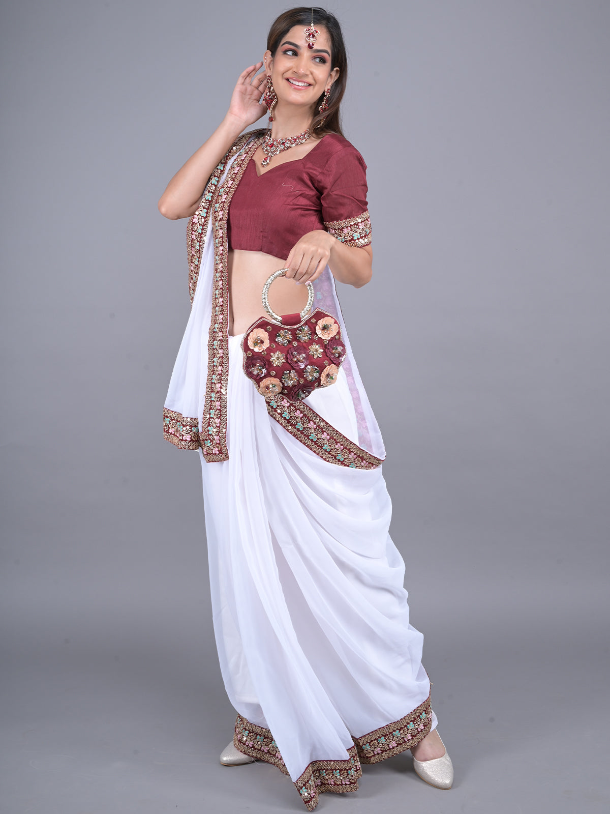 Odette White Embroidered Georgette Saree with Unstitched Blouse for Women