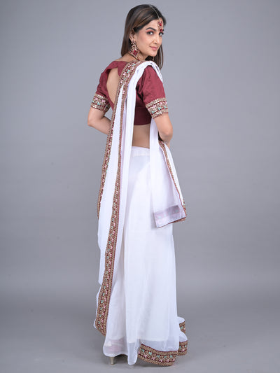 Odette White Embroidered Georgette Saree with Unstitched Blouse for Women