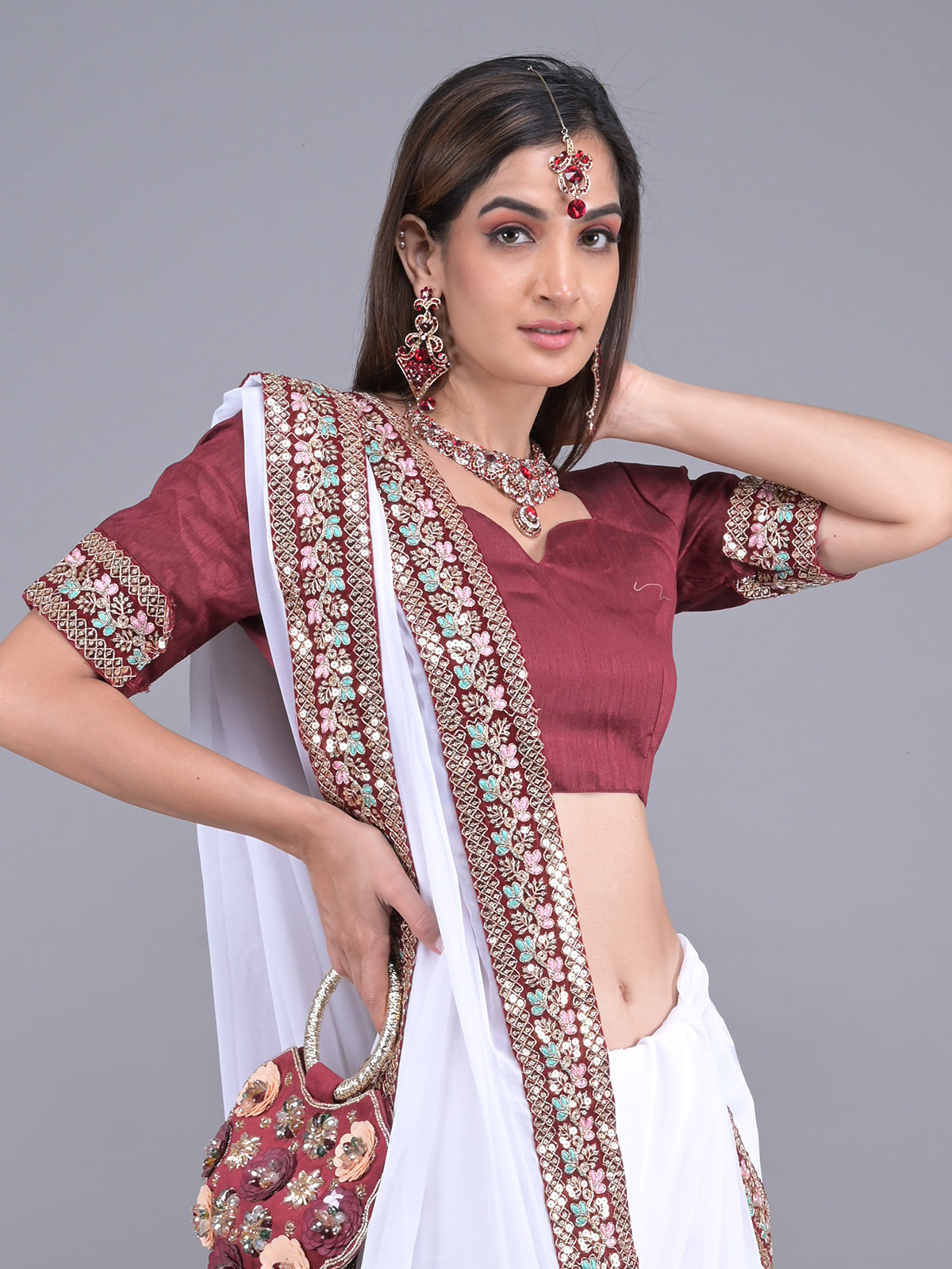 Odette White Embroidered Georgette Saree with Unstitched Blouse for Women
