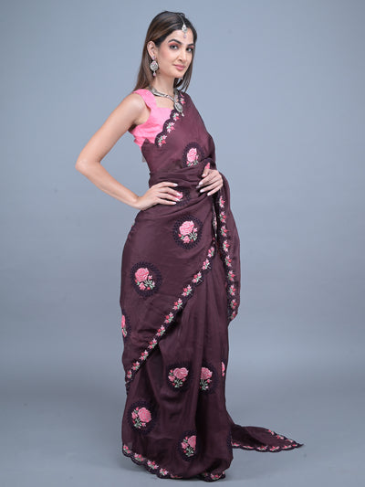 Odette Brown Floral Embroidered Georgette Saree with Unstitched Blouse for Women