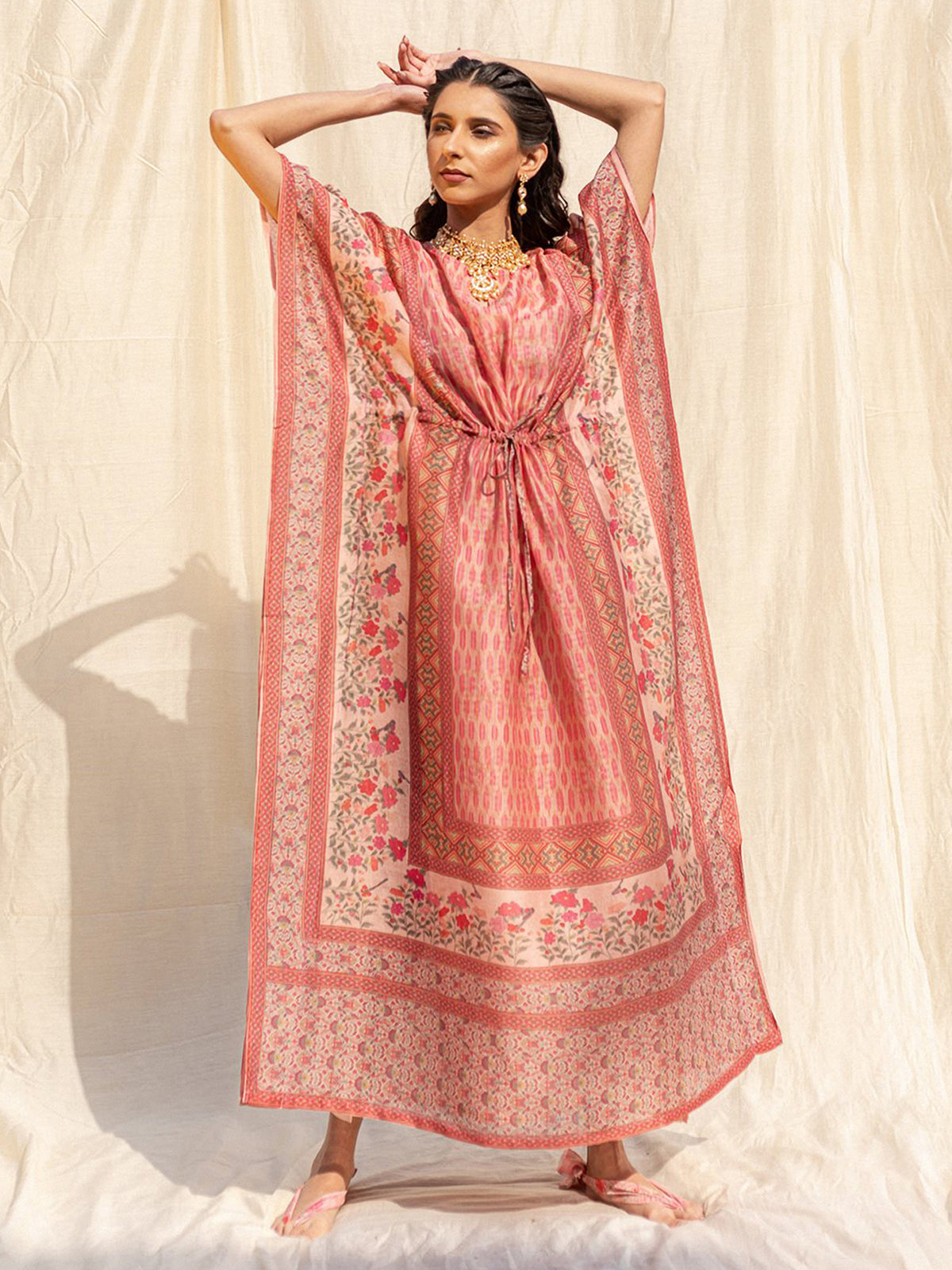 Odette Peach Silk Printed Stitched Indo Western Kaftan For Women