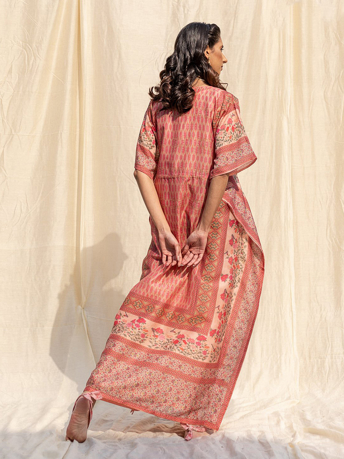 Odette Peach Silk Printed Stitched Indo Western Kaftan For Women