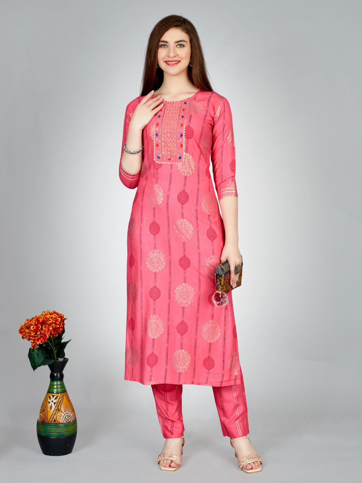 Odette Pink Embroidered Rayon Stitched Kurta Set For Women