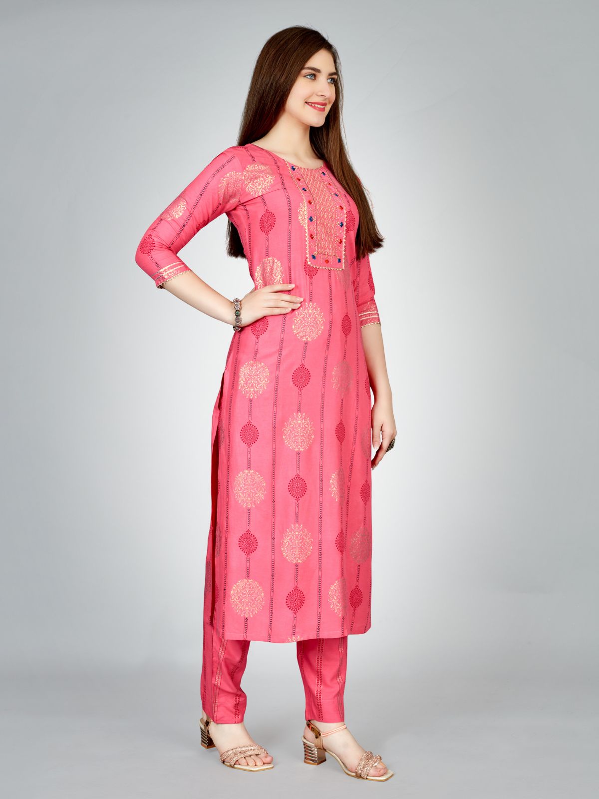 Odette Pink Embroidered Rayon Stitched Kurta Set For Women