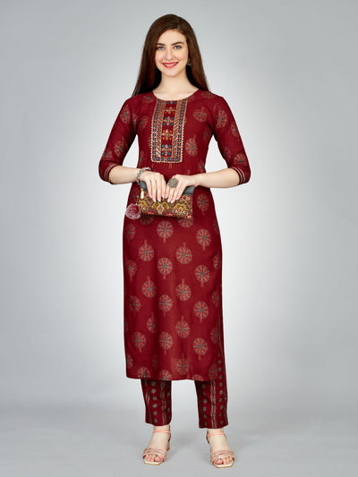 Odette Maroon Embroidered Rayon Stitched Kurta Set For Women