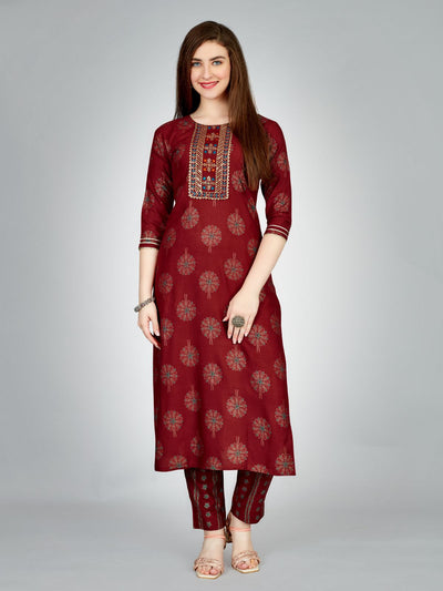 Odette Maroon Embroidered Rayon Stitched Kurta Set For Women