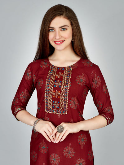 Odette Maroon Embroidered Rayon Stitched Kurta Set For Women