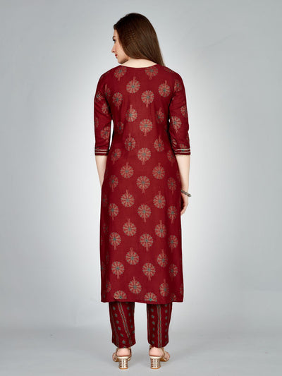 Odette Maroon Embroidered Rayon Stitched Kurta Set For Women