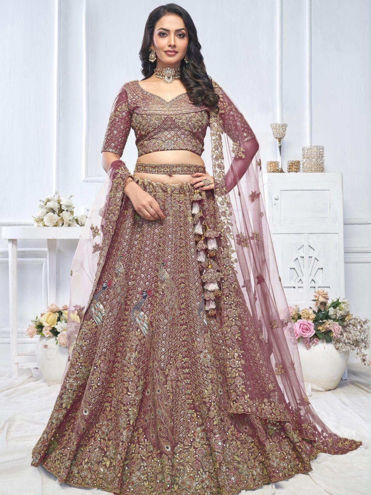 Odette Dark Purple Soft Net Embroidered Semi-Stitched Lehenga With Unstitched Blouse For Women