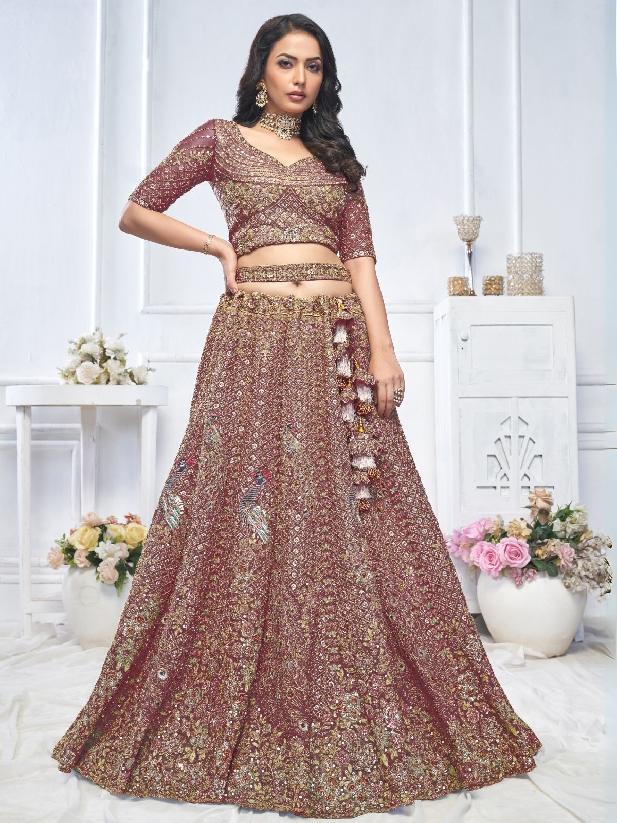 Odette Dark Purple Soft Net Embroidered Semi-Stitched Lehenga With Unstitched Blouse For Women