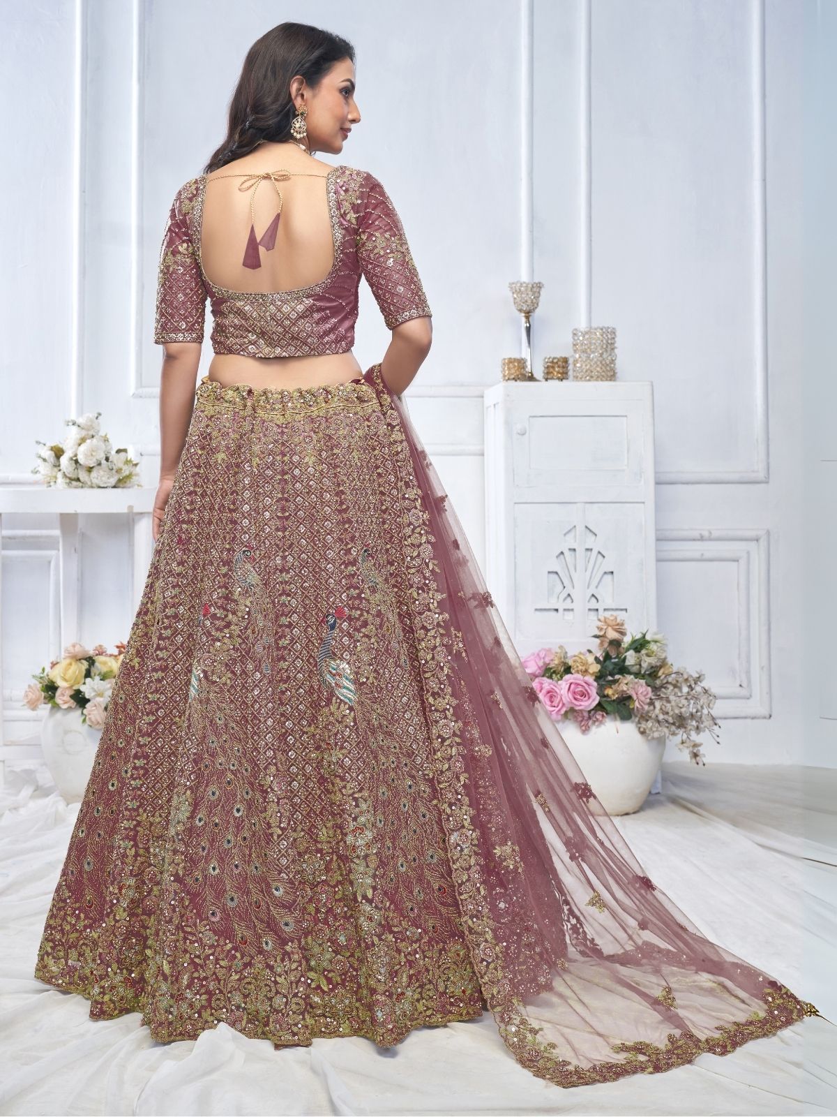 Odette Dark Purple Soft Net Embroidered Semi-Stitched Lehenga With Unstitched Blouse For Women