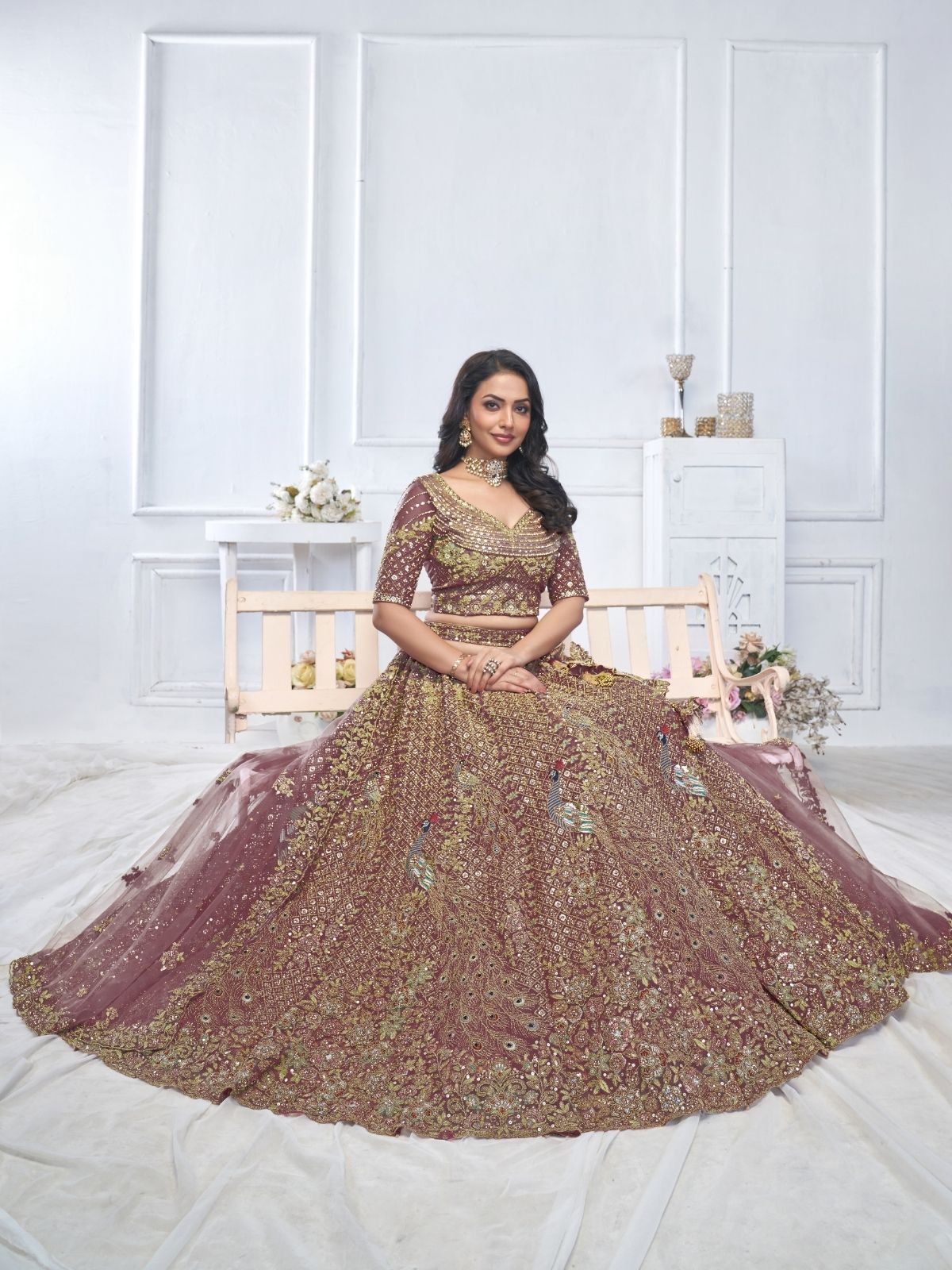 Odette Dark Purple Soft Net Embroidered Semi-Stitched Lehenga With Unstitched Blouse For Women