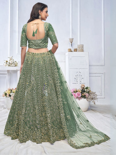 Odette Green Soft Net Embroidered Semi-Stitched Lehenga With Unstitched Blouse For Women