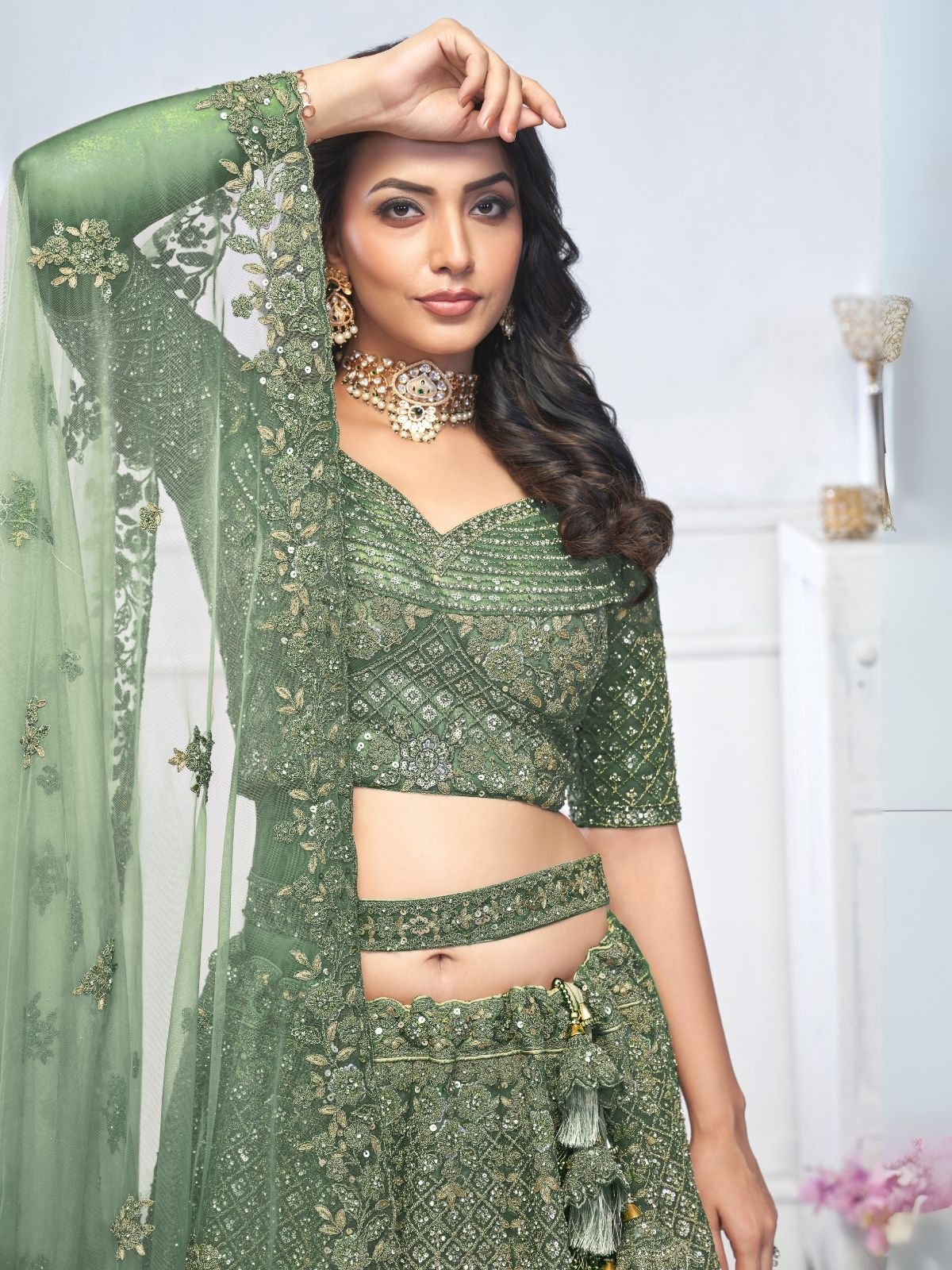 Odette Green Soft Net Embroidered Semi-Stitched Lehenga With Unstitched Blouse For Women