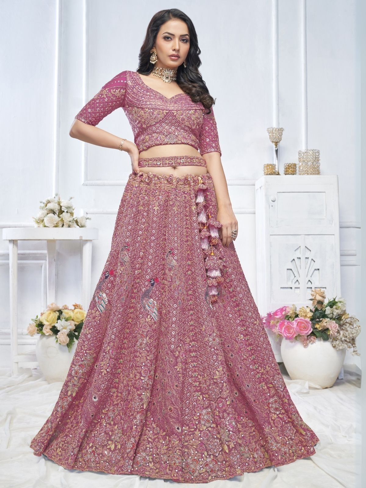 Odette Pink Soft Net Embroidered Semi-Stitched Lehenga With Unstitched Blouse For Women