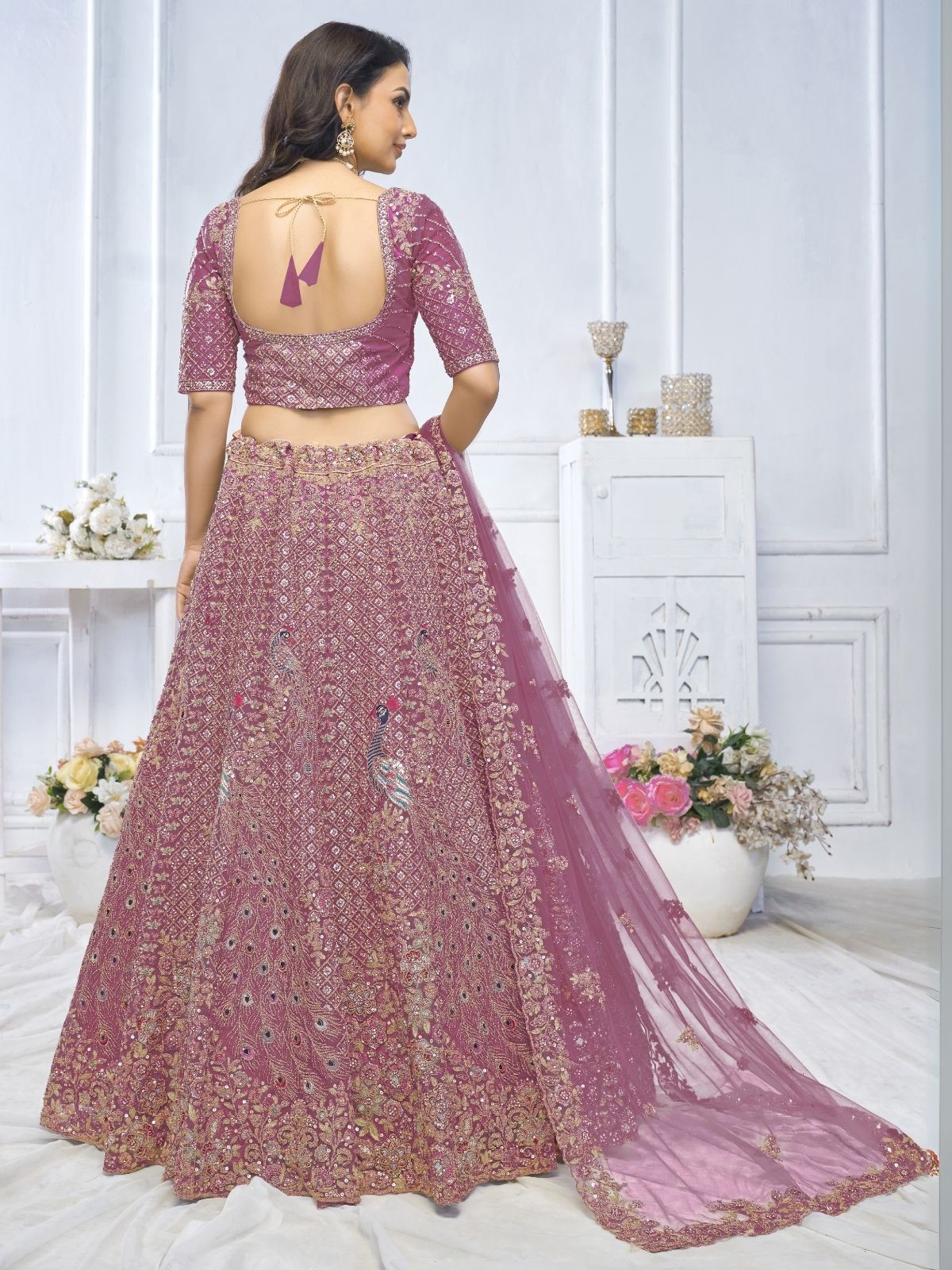 Odette Pink Soft Net Embroidered Semi-Stitched Lehenga With Unstitched Blouse For Women