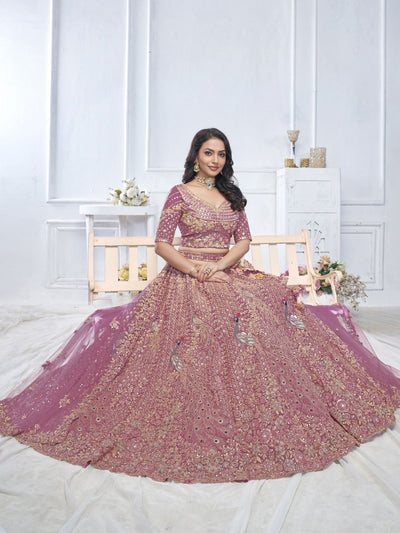 Odette Pink Soft Net Embroidered Semi-Stitched Lehenga With Unstitched Blouse For Women