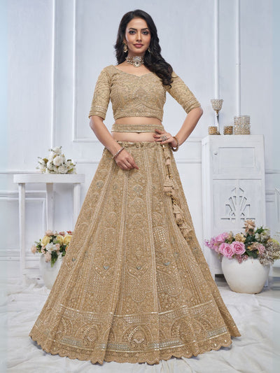 Odette Gold Soft Net Embroidered Semi-Stitched Lehenga With Unstitched Blouse For Women