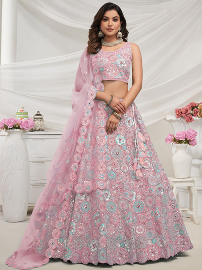 Odette Mauve Soft Net Embroidered Semi Stitched Lehenga With Unstitched Blouse For Women