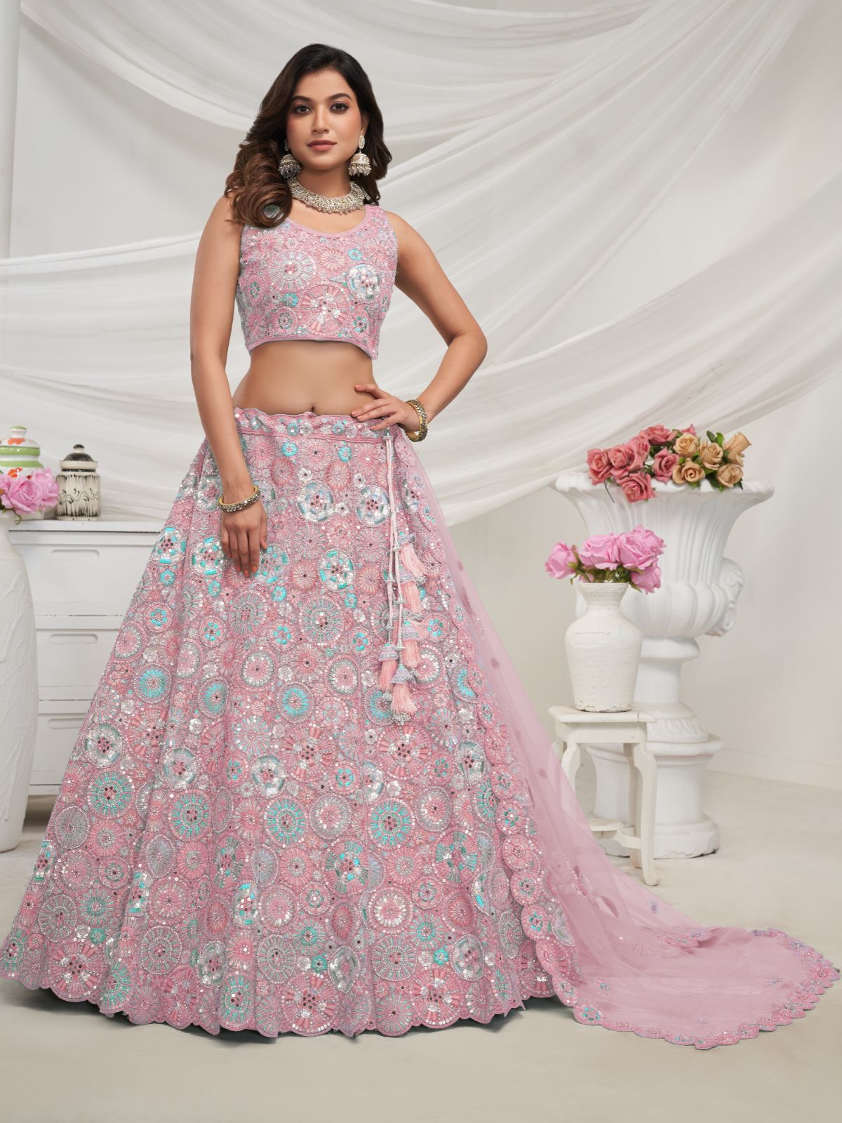 Odette Mauve Soft Net Embroidered Semi Stitched Lehenga With Unstitched Blouse For Women