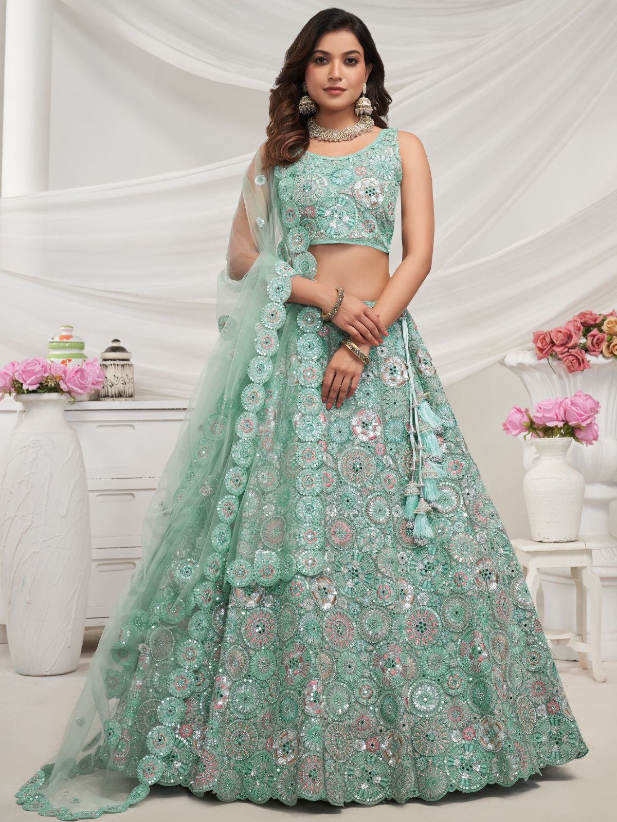 Odette Sky Blue Soft Net Embroidered Semi Stitched Lehenga With Unstitched Blouse For Women