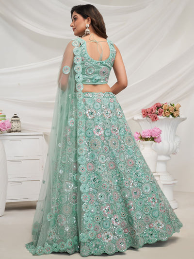 Odette Sky Blue Soft Net Embroidered Semi Stitched Lehenga With Unstitched Blouse For Women